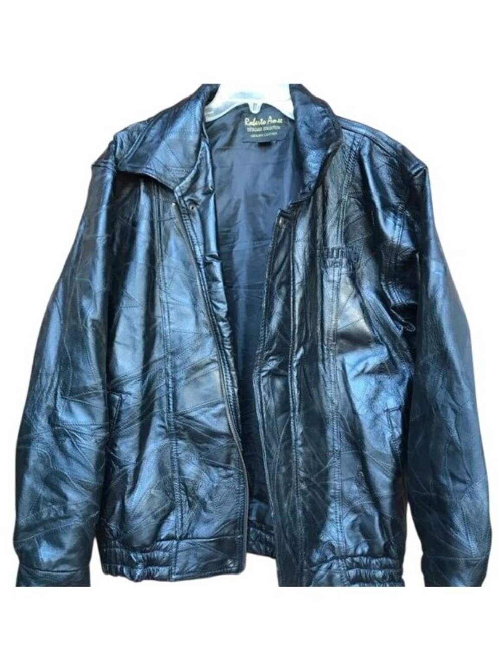 Vintage Roberto Amee Black Genuine Leather Patchwork Jacket L With Harrah,s Laug - Picture 4 of 8